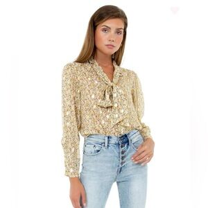 Bishop + Young Tie Neck Blouse in Afterglow Print Gold Shimmer Sheer Size Small